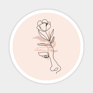 Minimal woman line art. One line woman face with flower and leaves. Magnet